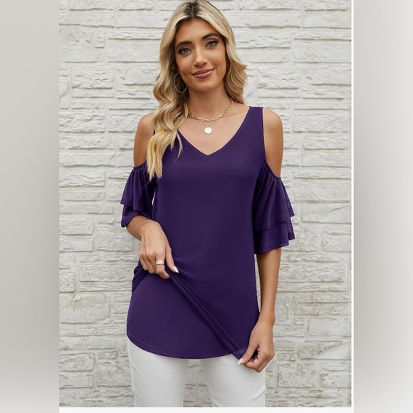 BNWT-2025-Cold Shoulder Short Sleeve Tunic Shirt V Neck Mesh 2 Layers Blouses - Picture 4 of 7